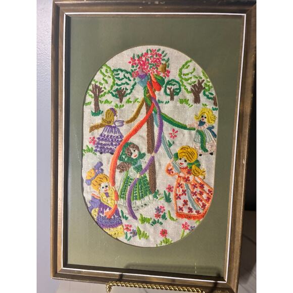 Framed Crewel Embroidery Maypole Girls Scene Handmade Folk Art Wall Decor - Picture 2 of 7